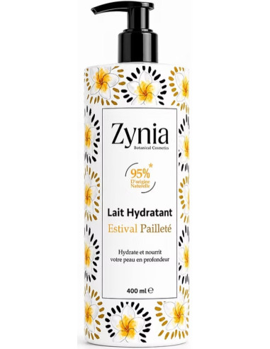 Lait Hydratant Estival Pailleté Zynia 400ml – beurre de karité amande douce paillettes hâle doré