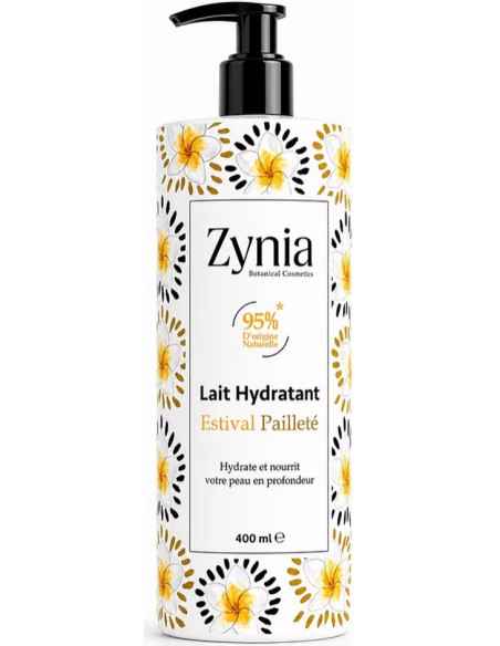 Lait Hydratant Estival Pailleté Zynia 400ml – beurre de karité amande douce paillettes hâle doré